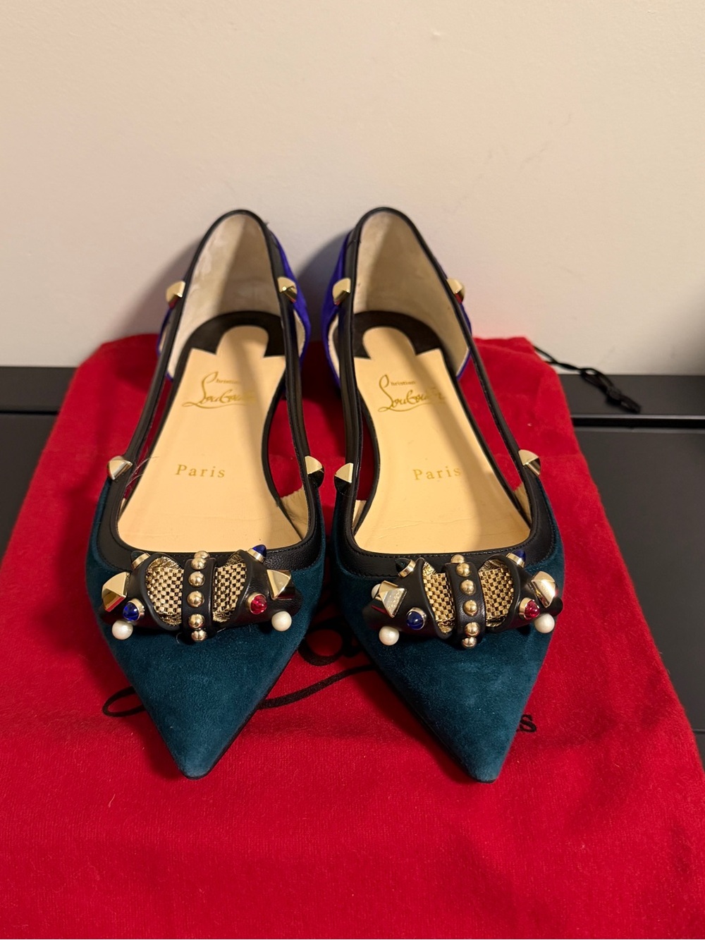 Christian Louboutin Two-Tone Jeweled Suede Flat Shoes -Blue & Red Authentic - Picture 2 of 6
